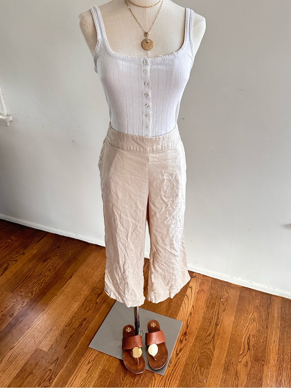 croft & barrow Cream Linen Blend Cropped Wide Leg Pants Elastic Waist Pockets M